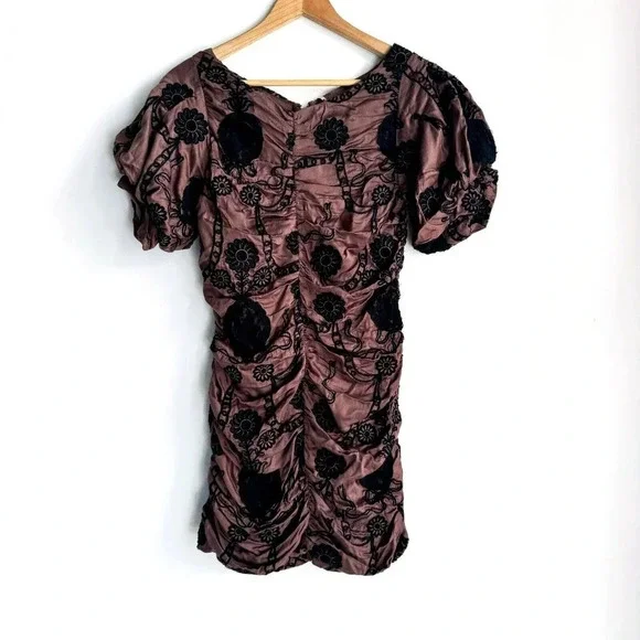 Free People Ruched Embroidered Puff Sleeve Mini Dress  XS - Picture 4 of 9